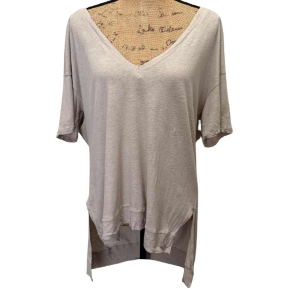 Mavonie Slouchy V-Neck Tee Slouchy Cotton Linen Blend Open Back Beige Size Small